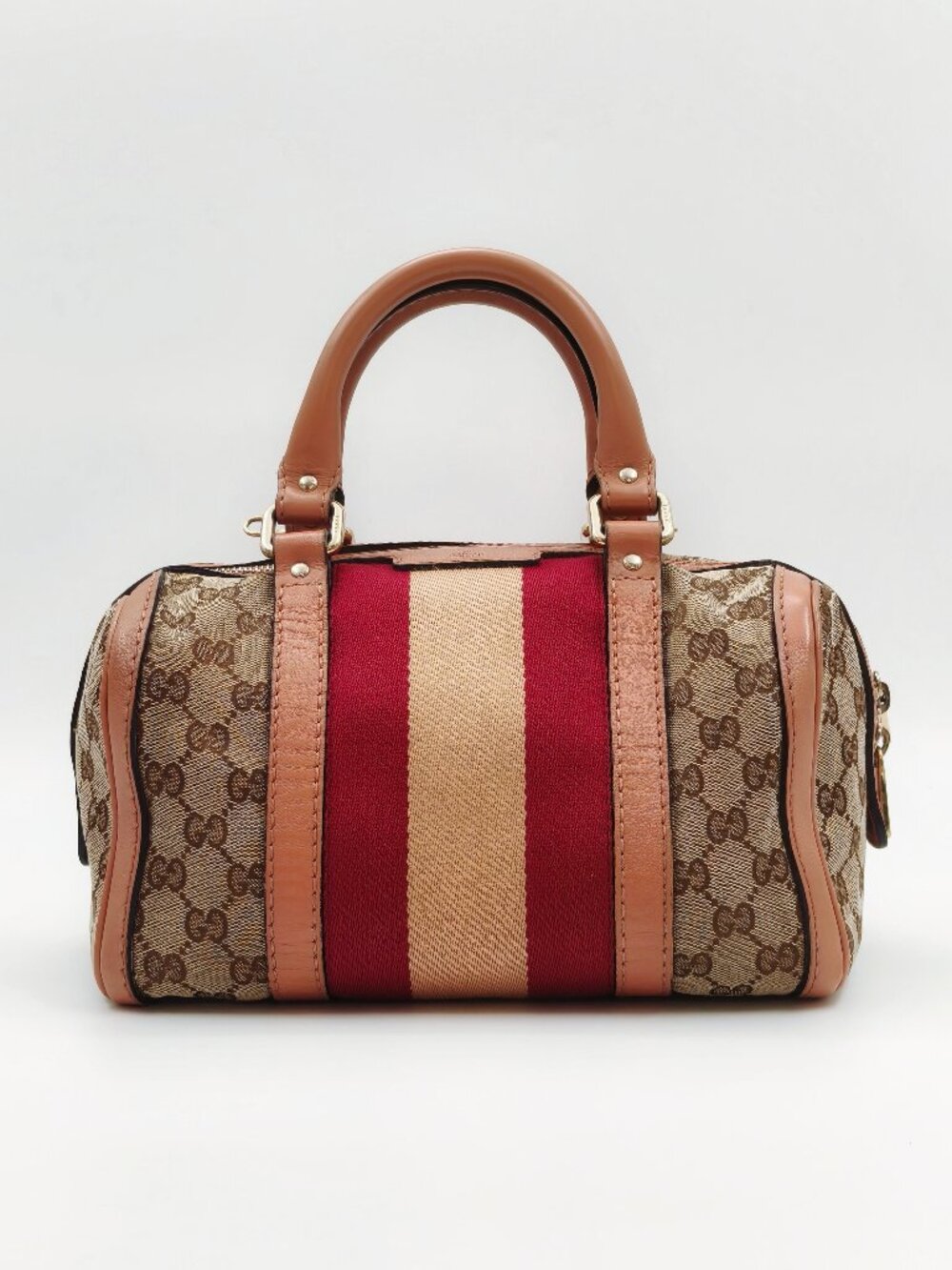 Gucci Brown Monogram Satchel with Red and Beige Stripe